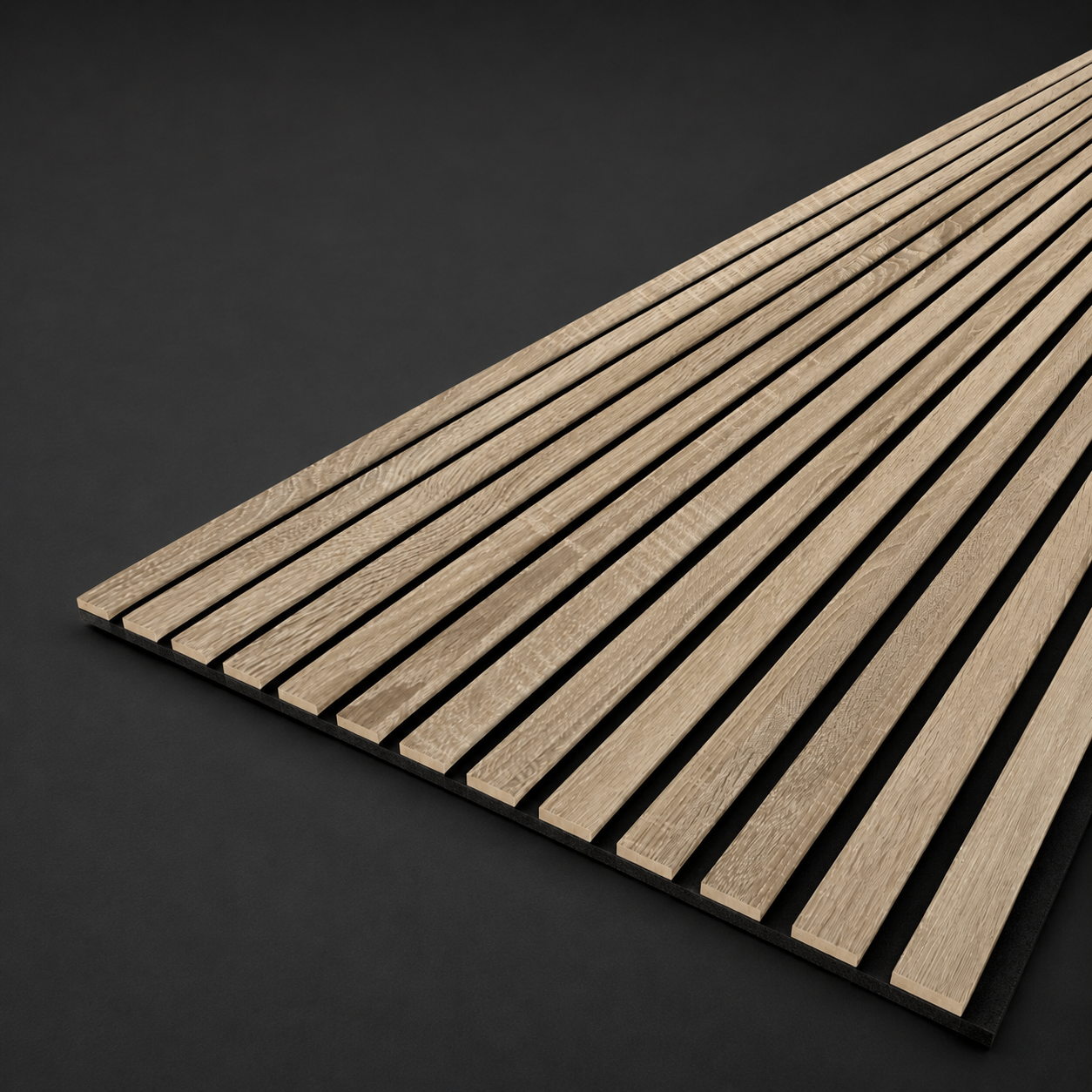 Top-down view of a light oak acoustic wall panel with wood slats on black felt backing, 278x60cm wholesale specification