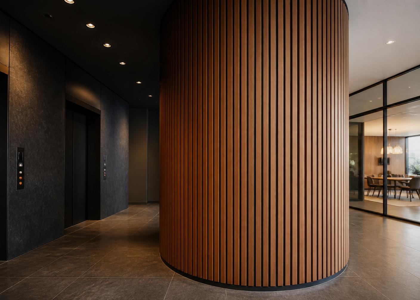 Flexible Teak acoustic wood slat wall panels bent around a curved column in a lobby