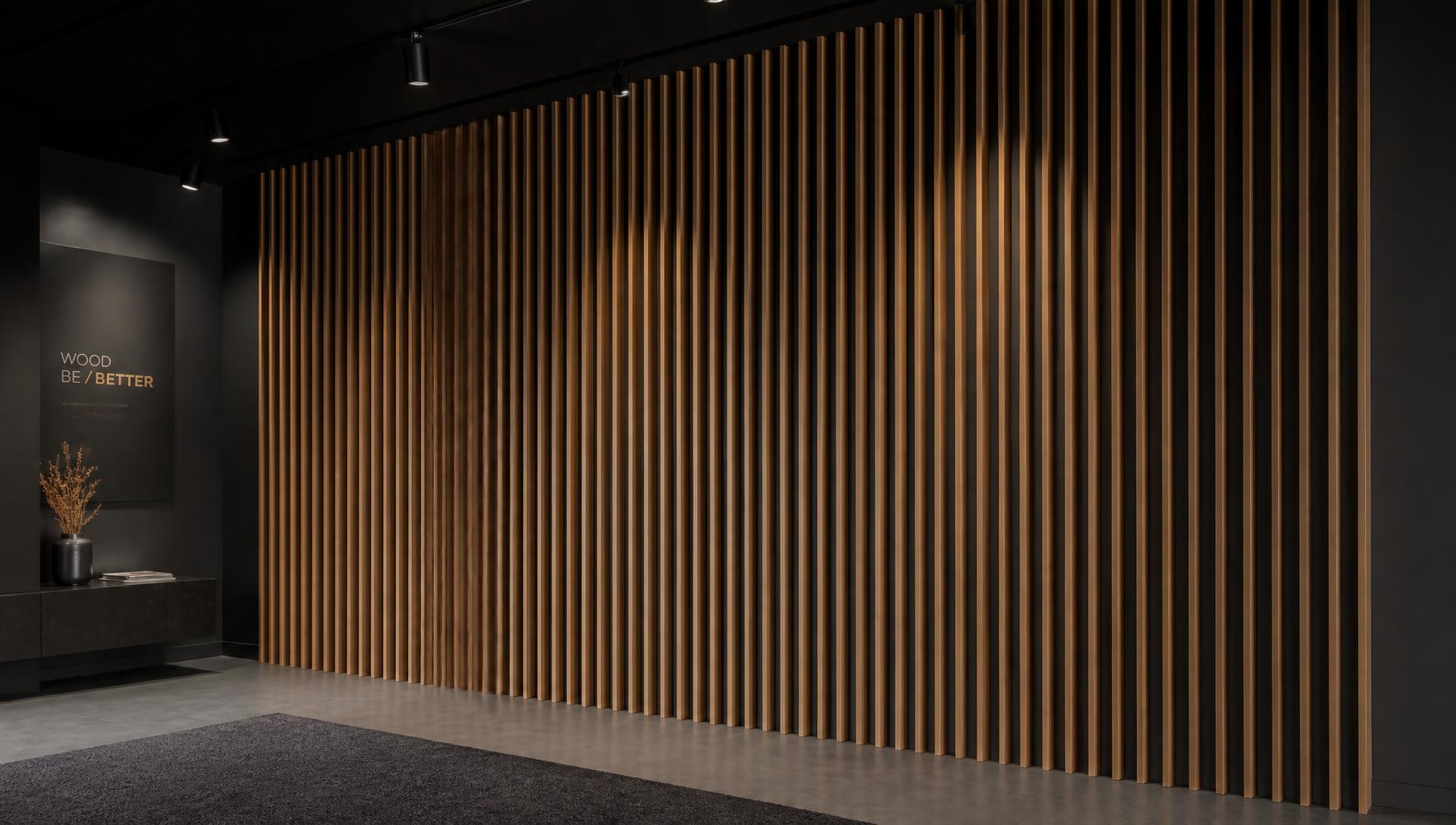 Wholesale acoustic wood slat wall panels installed floor to ceiling in a dark showroom interior