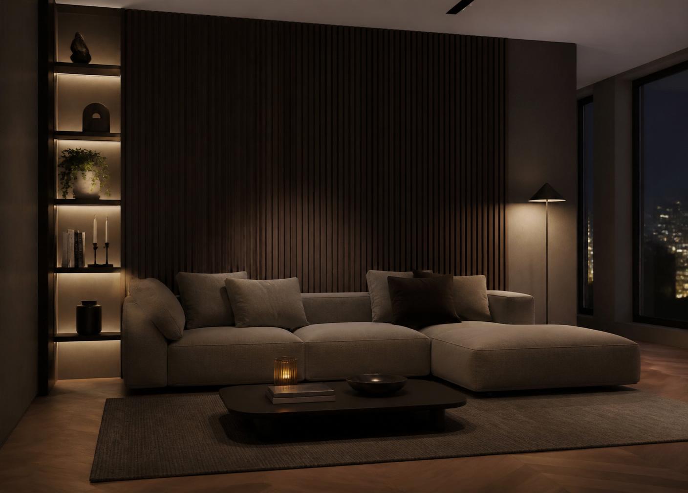 Black acoustic wood slat wall panels wholesale installation on a residential feature wall