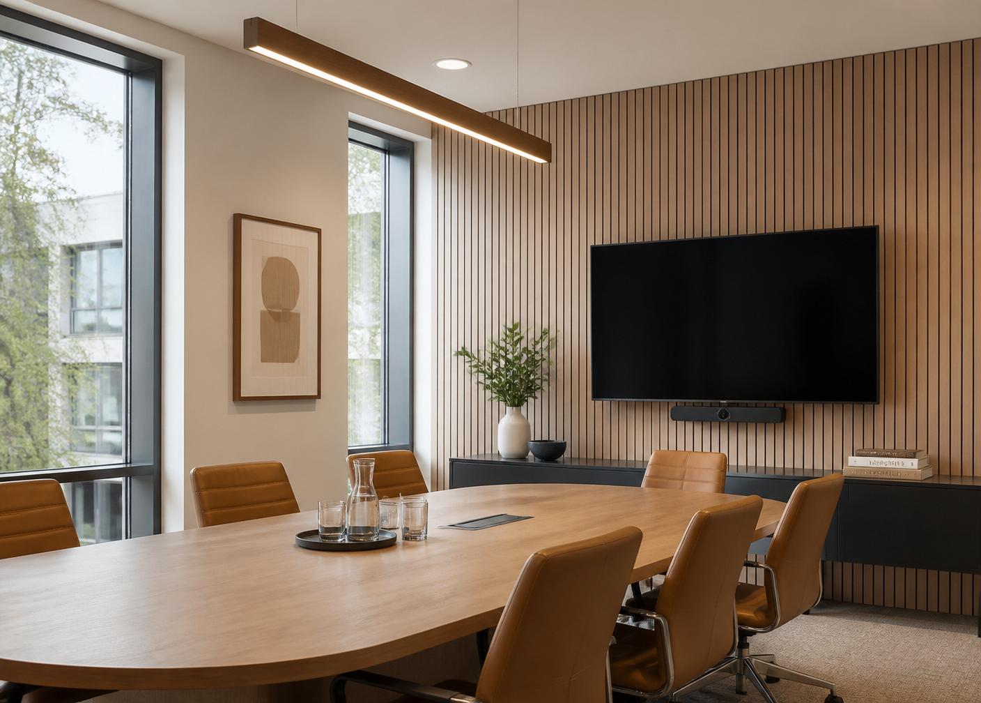 Catania Oak acoustic wood slat wall panels 278x60cm installed in a wholesale-supplied office meeting room