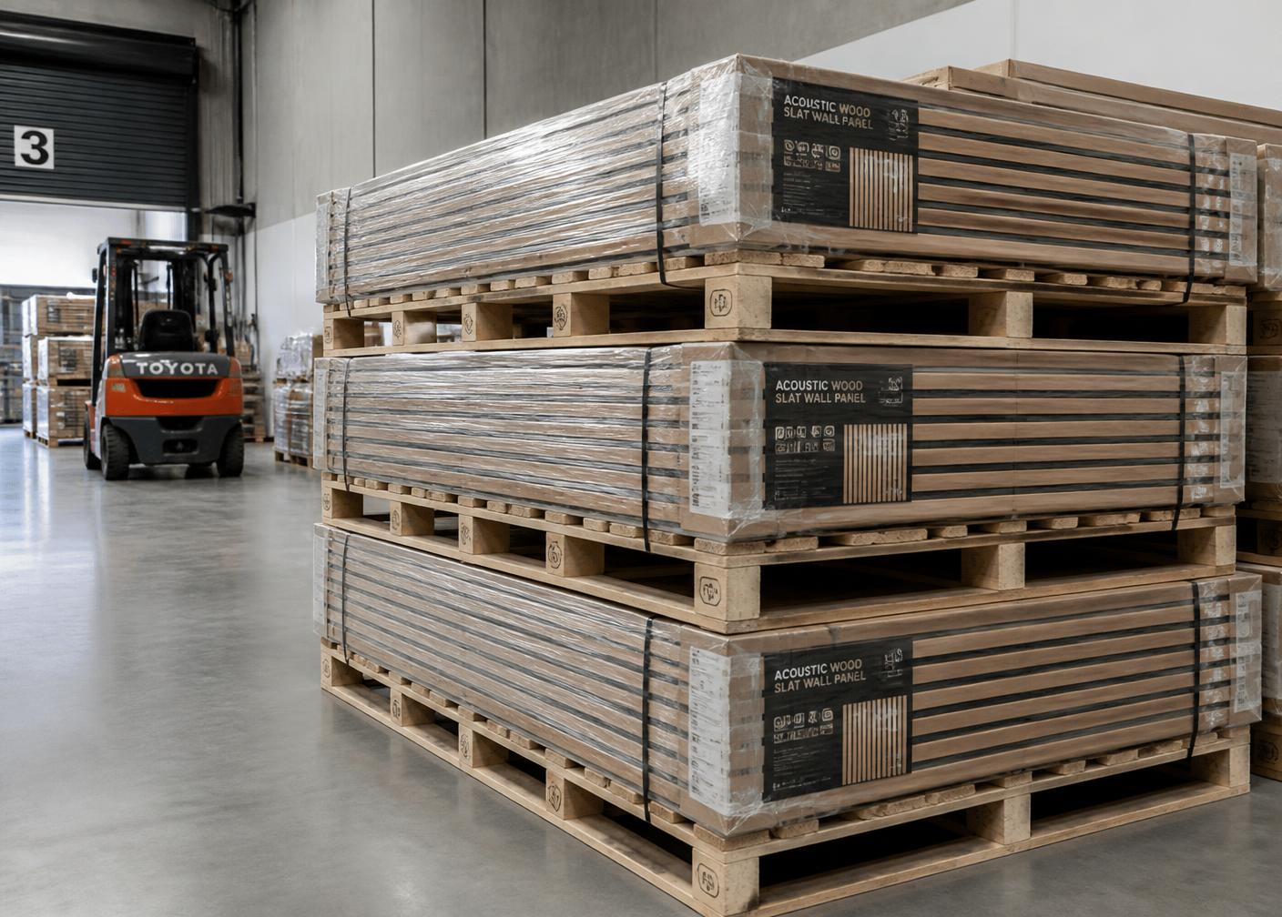 Pallets of acoustic wall panels wrapped for wholesale bulk shipping in a distribution warehouse